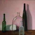 bottles and scroll of paper/ acrylic on canvas /80 x 100 cm  /1998